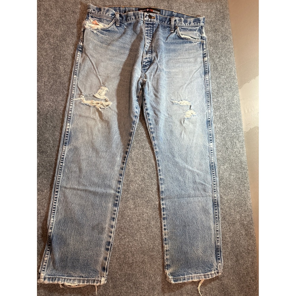 Wrangler FR Original Flame Resistant Jeans Mens 40x32 Blue Distressed 13MWZ